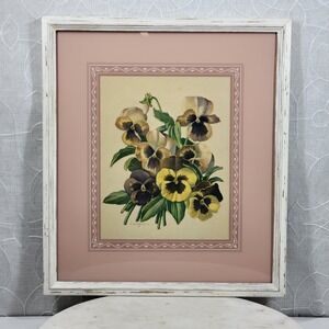 VTG E Witzleben Pansy Botanical Floral Print Framed Cottage Wall Art Distressed